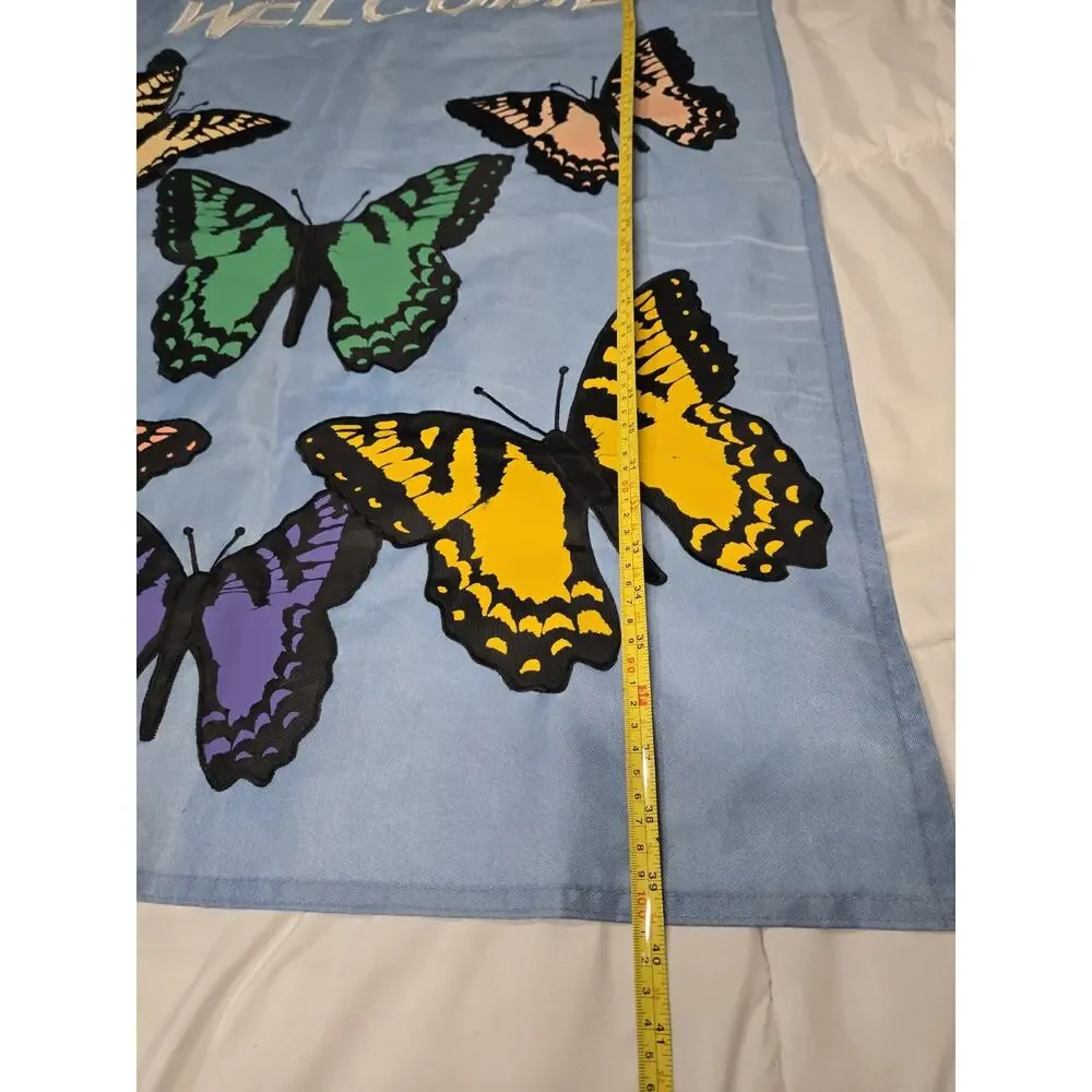 Cottage Garden Butterfly Blue Monarch Vtg XL Greeting Banner Welcome Spring...